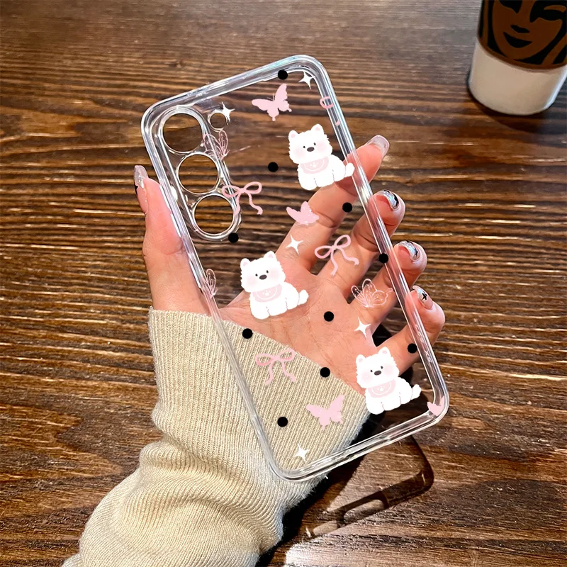 Cute Polka Dot Bow Dog Transparent Case For Samsung Galaxy S25 S24 S23 S22 Ultra Plus Clear Cover S25+ S22+ S23+ S24+ Fundas Bag