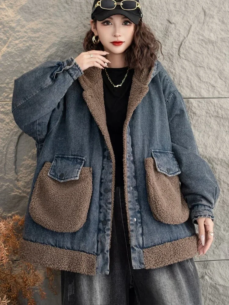 Fashion Fur Design Winter Womens Hooded Quilted Denim Jackets Oversized Casual Warm Coats Loose Vintage Thicken Parkas