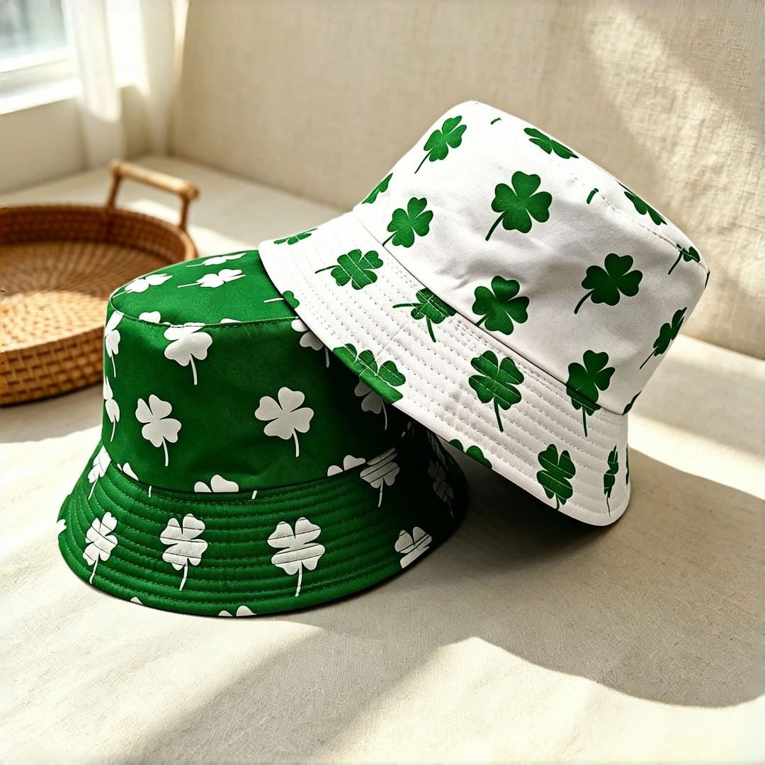 Four-Leaf clover Printed Bucket Hat - Lucky Four-Leaf clover Wide-Brimmed Fisherman Hat, Suitable for Both Men and Women. Outdoo
