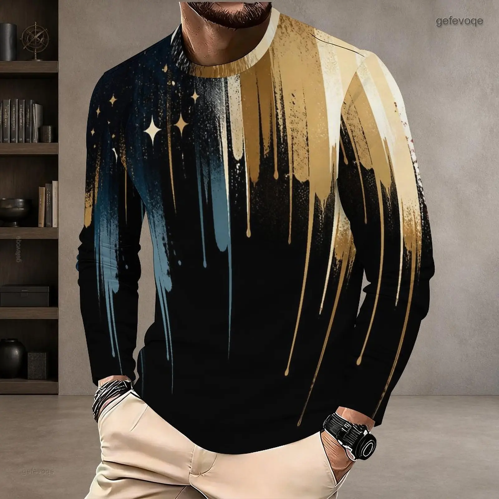 Men Printed T Shirt Round Neck Long Sleeve Pullover Straight Hem