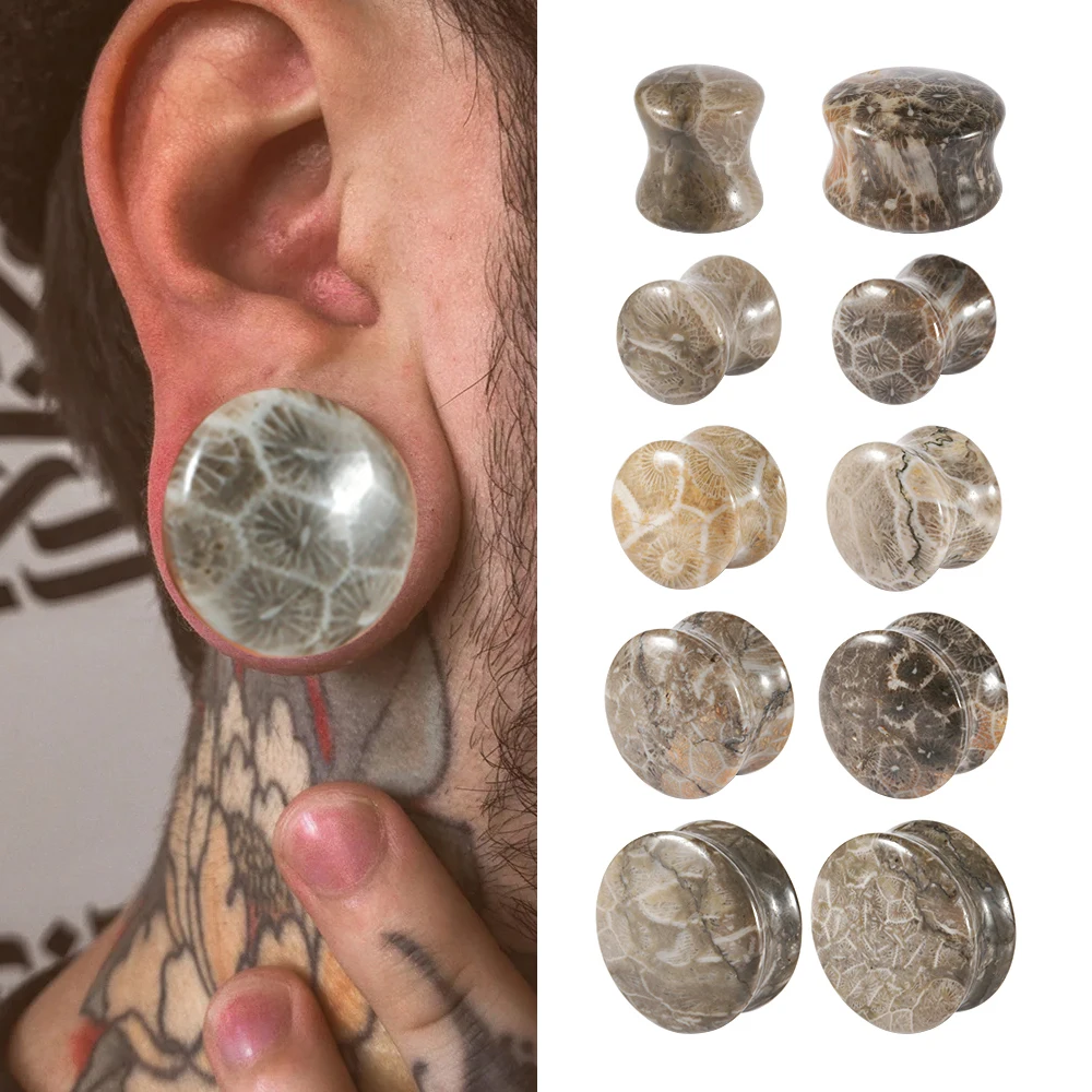 Dreamlee 2Pcs Nuture Stone Coral Print Ear Saddle Plug Earring Gauge Expander Stretcher Piercing Double Flare Auricle Jewelry