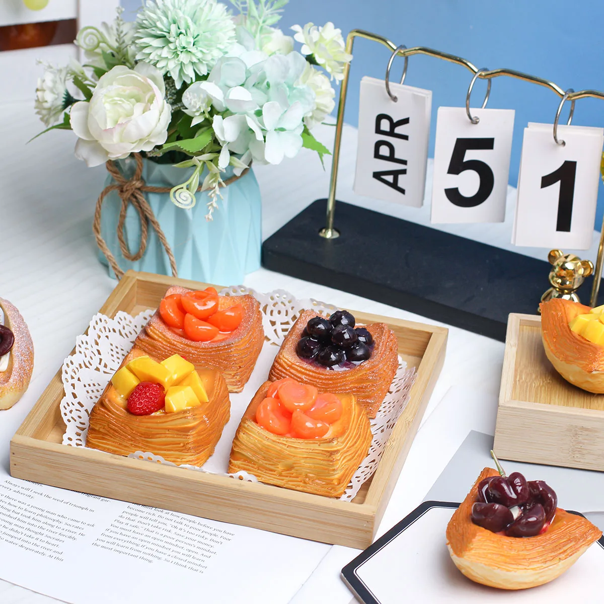1/3PCS Puff Pastry Fruit Dessert Model Fridge Magnet Baking Sweets Model Display Square Fruit Puff Pastry Dessert Dec Arrangemen