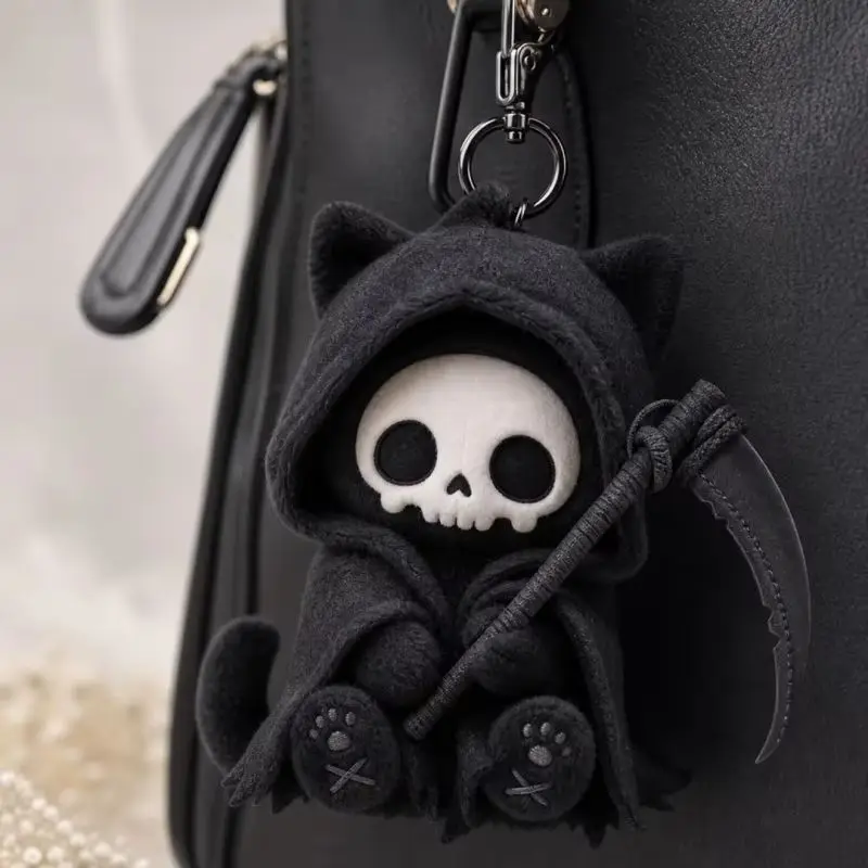 Grim Reaper Cat Creative Gothic Style Black Skull Backpack Pendant Plush Keychain Soft Stuffed Plush Ornament Gift