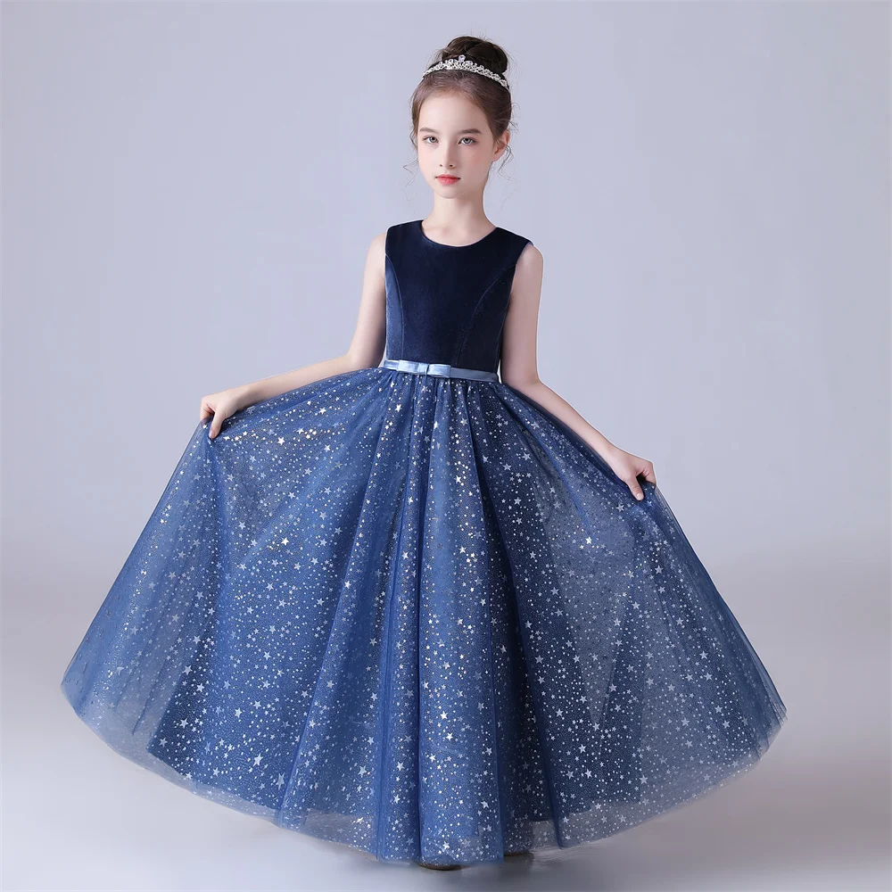 Dideyttawl Customized Navy Blue Dress For Girl Shiny Tulle Flower Girl Dresses Sleeveless Kids Birthday Formal Princess Gowns