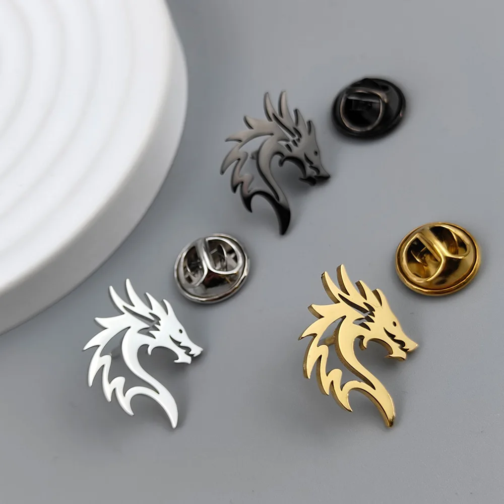 Fashion Brooch For Mens Stainless Steel Dragon Shaped Personalized Animal Badge Coat Lapel Pin Accessories Men's Jewelry