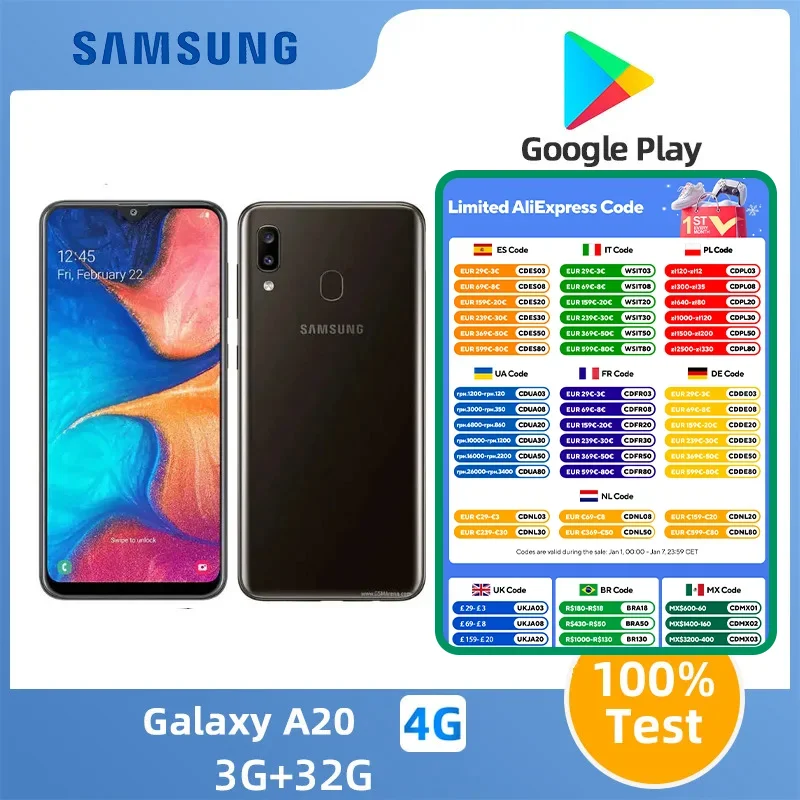 Samsung A20 4g SmartPhone Exynos 7884 6.4inch AMOLED Screen 4000mAh 25W Charge 13MP Camera Original Used Phone