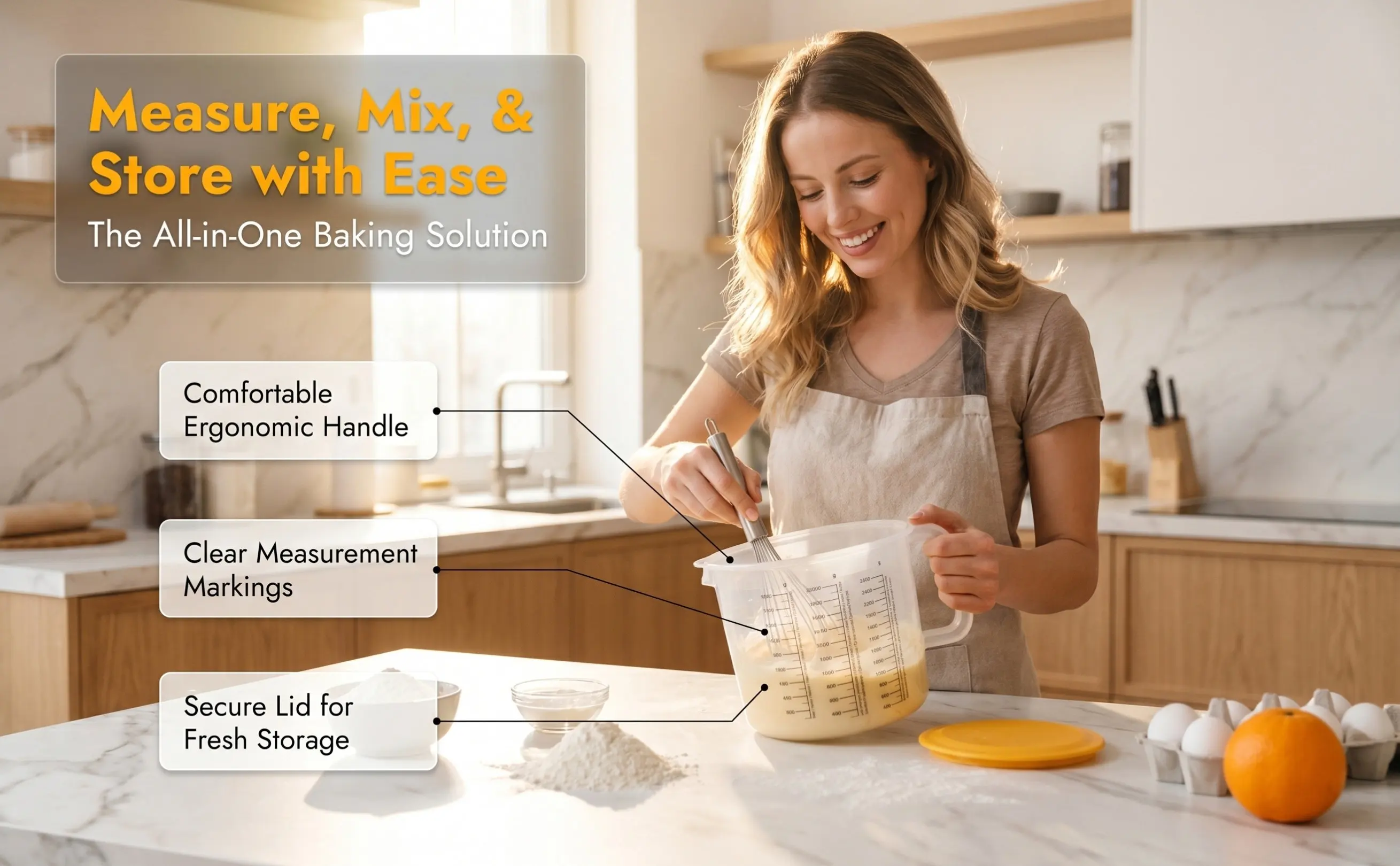 2.5L Clear Mixing Bowl with Airtight Lid, Built-in Scale & Easy-Grip Handle for Baking, Salad Prep, Mixing, Storage