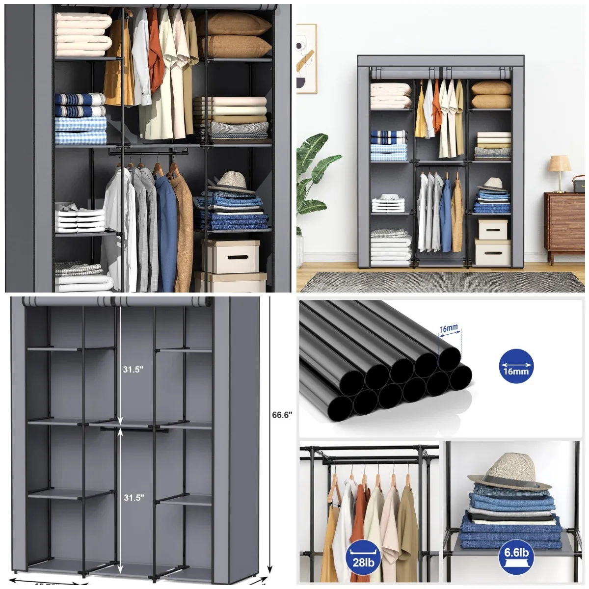 

Портативный шкаф с 10 полками и 2 стержнями, органайзер для шкафа из серой ткани, 52,4 x 18,1 x 66,6 дюйма