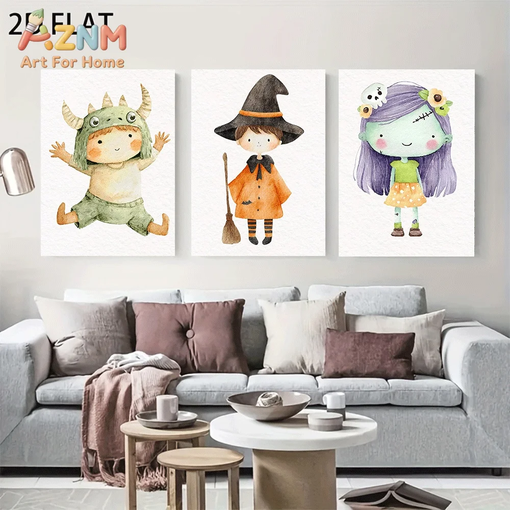 AZNM Watercolor Halloween Kids Costume Canvas Wall Art, Cute Dinosaur Witch Zombie Girl Cartoon Character Spooky Holiday Nursery