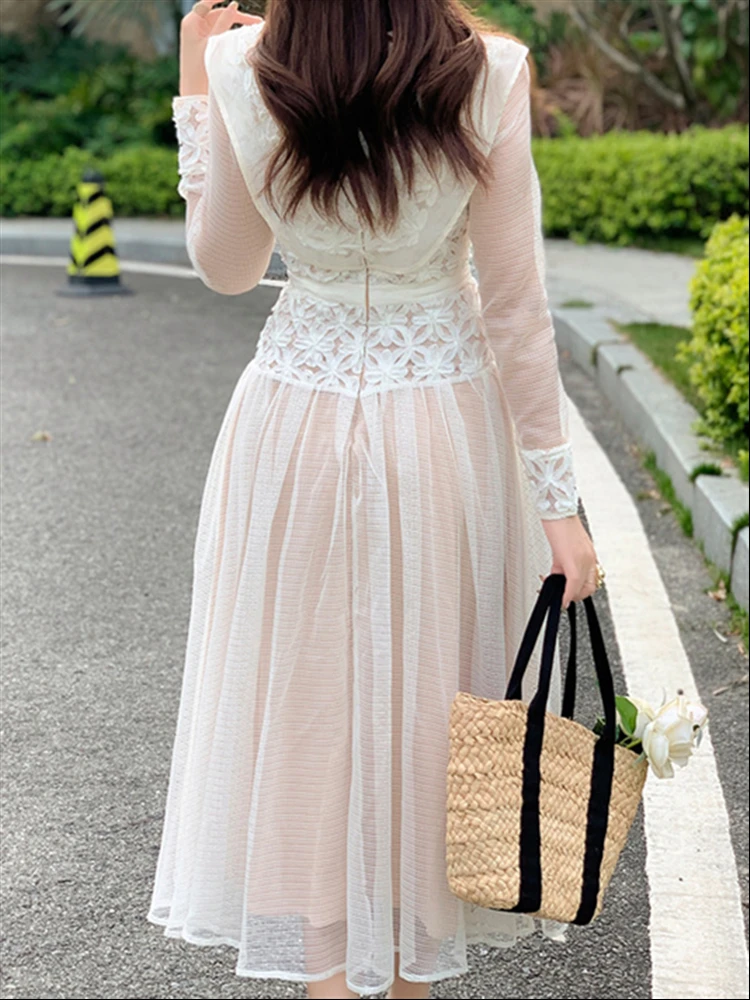 Luxury Lace Dresses Women Fall Woman High Waist Long Sleeve Boho Party 2023 A-Line Elegant Solid Dress Runway Spring Embroidery