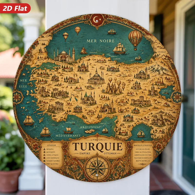 2D Flat - 【2D Flat】 2D Flat - [2D Flat] 2D Flat Print 1pc Round Metal Iron Sign, Turkey Map Wall Art, Turquie Empire Text, Map I