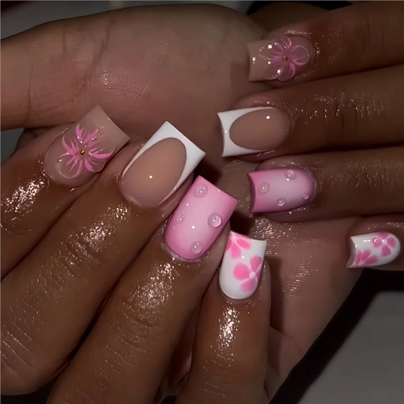 

24Pcs White Edge French Press on False Nails 3D Flower Pink Smudge Detachable Fake Nails Short Square Head Full Cover Nails Tips