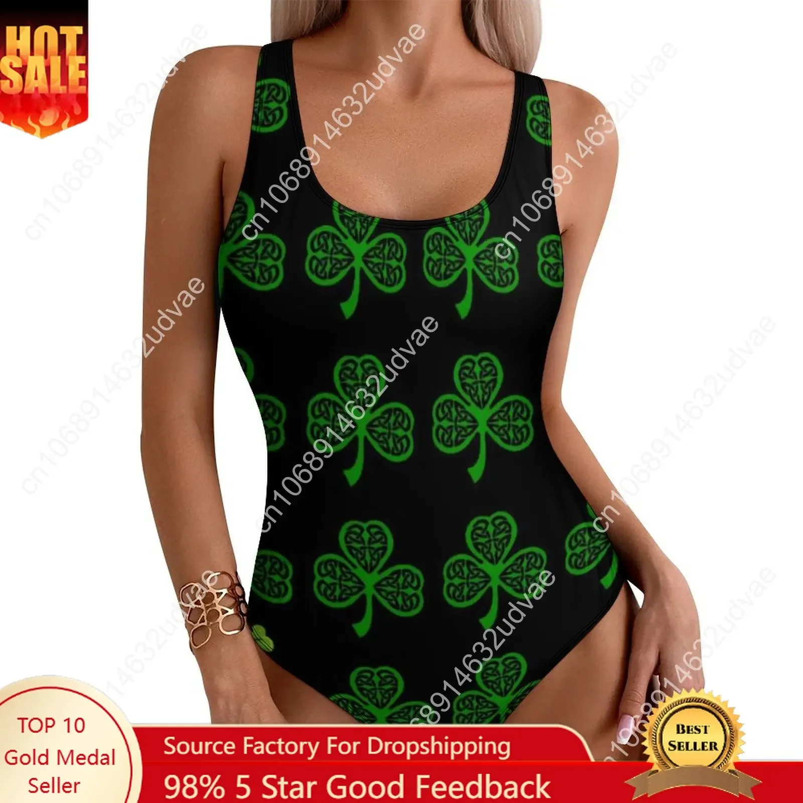 

St Patrick's Day Swimsuit Leprechaun Lucky Green Shamrock One-Piece Swimwear Push Up Fashion Bathing Suit Holiday Pool Bodysuit