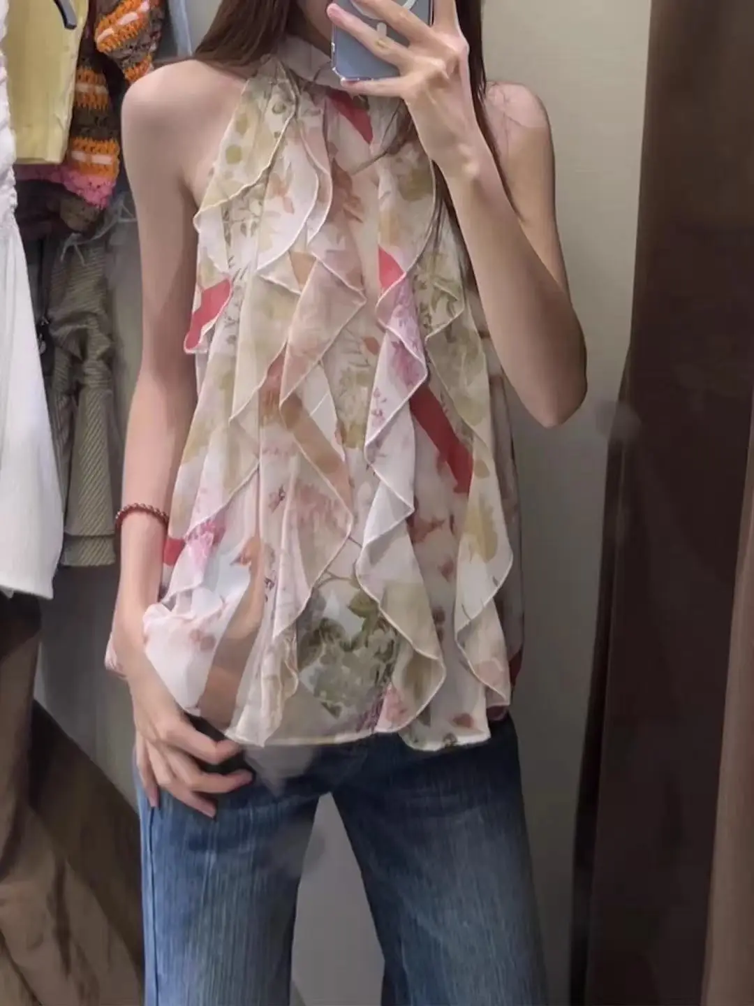 

Summer 2025 New Women's Pink Floral Print Svel oulder Bared Vest Top Outerwear Loose Fit French Sle Polyester Fiber