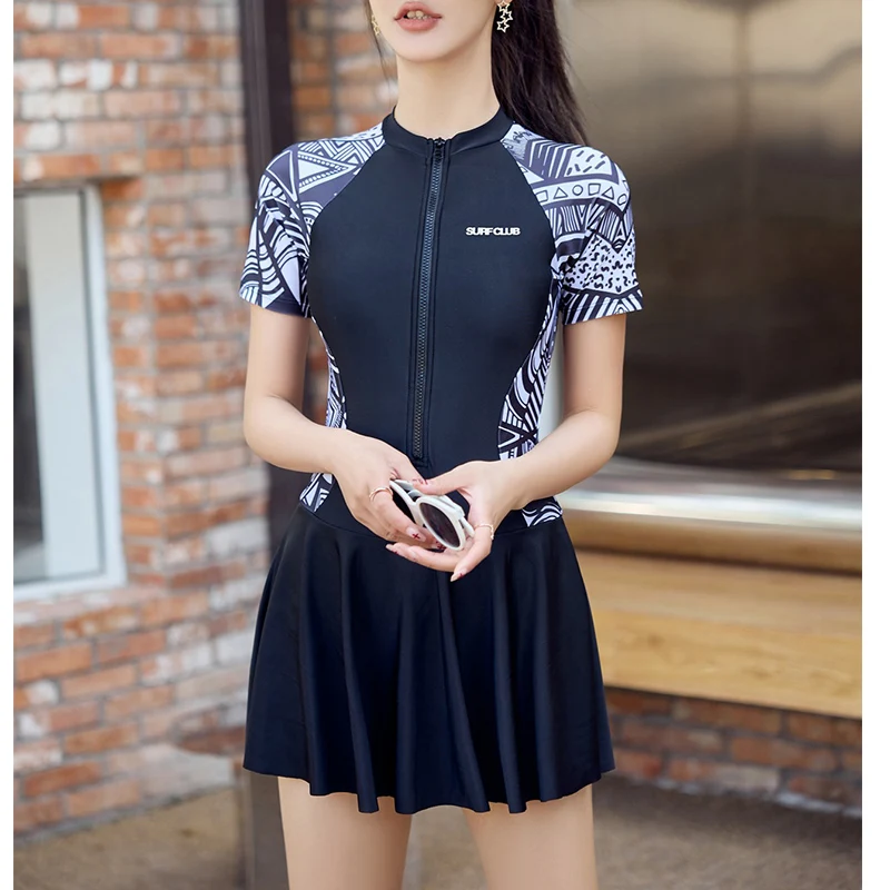 NewSummer Casual Short Sleeve One-Piece Dress Swimsuit Woman Patchwork High Waist Beachwear Zipper Sports Fashion Tight Swimwear