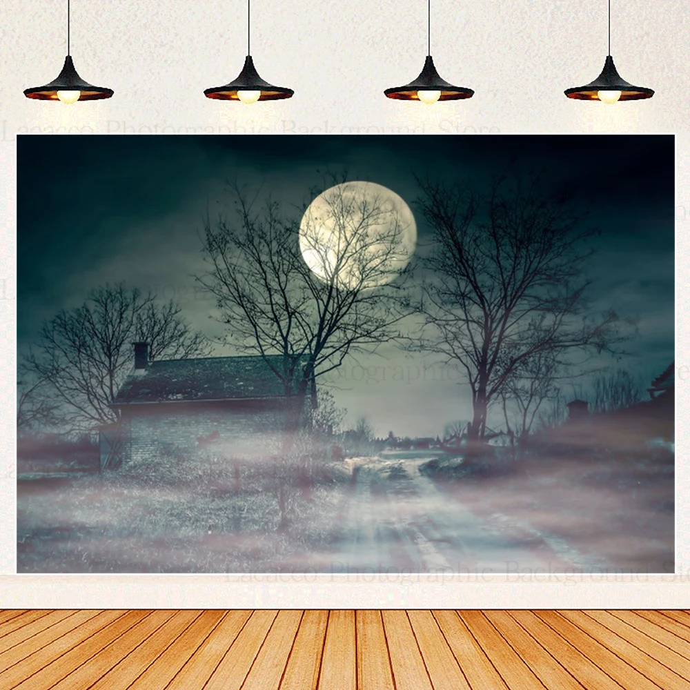 Forest Misty Dark Halloween Photography Background Scary Moon Night Spooky Pumpkin Halloween Party Backdrop Photo Studio Props