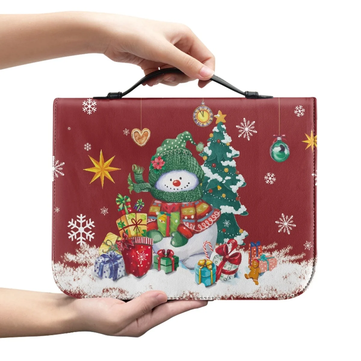 Christmas Snowman Gifts Happy Pattern Bible Cover Case Women's Bible Storage Bag Pu Leather Zippered Handbag for Christmas Gifts