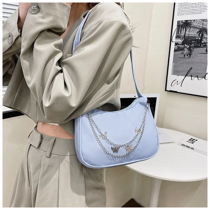 Fashion Women PU Leather Small Shoulder Underarm Totes Bag Ladies Vintage Butterfly Chain Pure Color Zipper Mini Purse Handbag