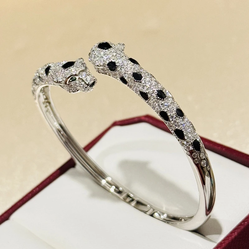 Trendy Real 925 Sterling Silver Bracelets Double Leopard Print Zebra Speckle Design 5a Zircon Cuff Bangle Luxury Fine Jewelry