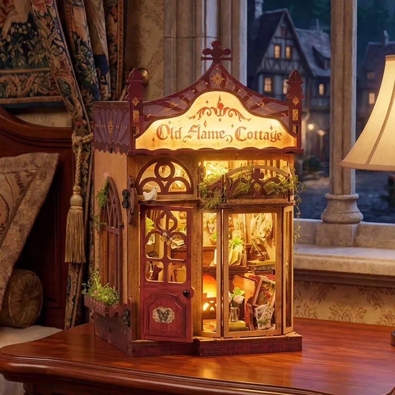 

DIY Old Flame Cottage Book Nook Kit with LED Lights 3D Wooden Miniature Bookend Bookshelf Insert Handmade Craft Gift Dollhouse