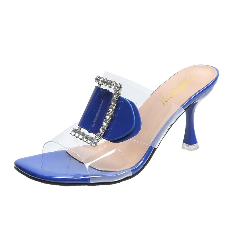 Slipper Woman 2024 New Rhine-diamond Slim Heels Wearing High Heels Transparent One-line Fashion Slippers Female Summer