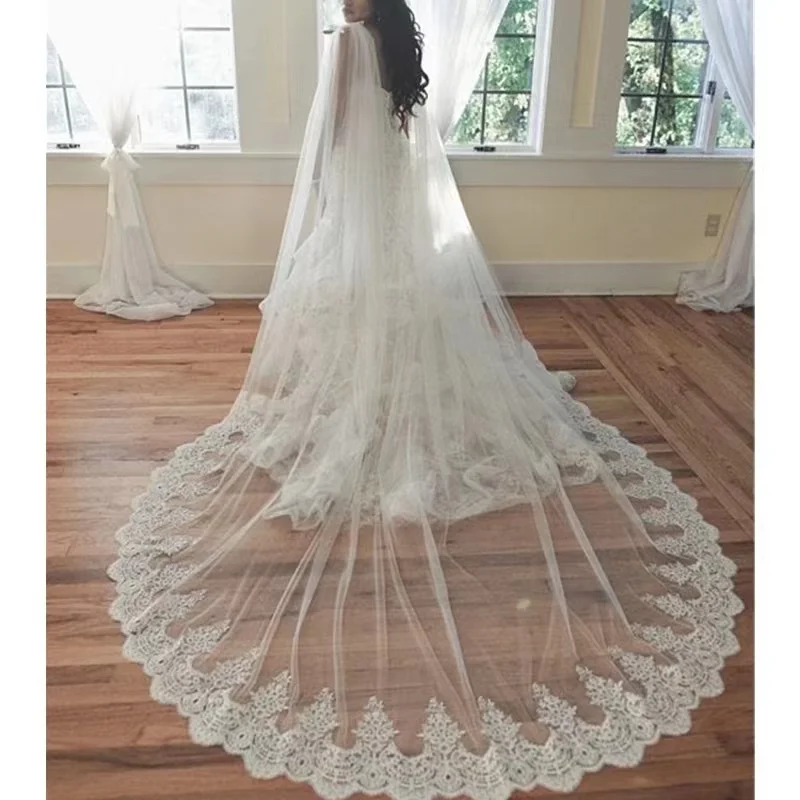 

MYYBLE Custom Made Long Lace Cheap Wedding Cape Meters Wedding Bolero White Ivory Bridal Cape Shoulder Veils for Bride Dresses