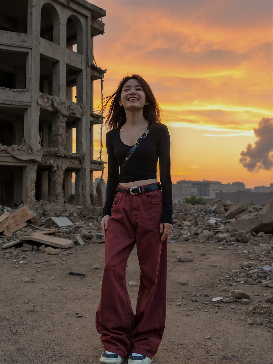 

Floor Wide Leg Red Loose Jeans Womens High Waist Patchwork Pleated Flared Slim Fit Stretchy Ruffles Button Zipper Soft Modern