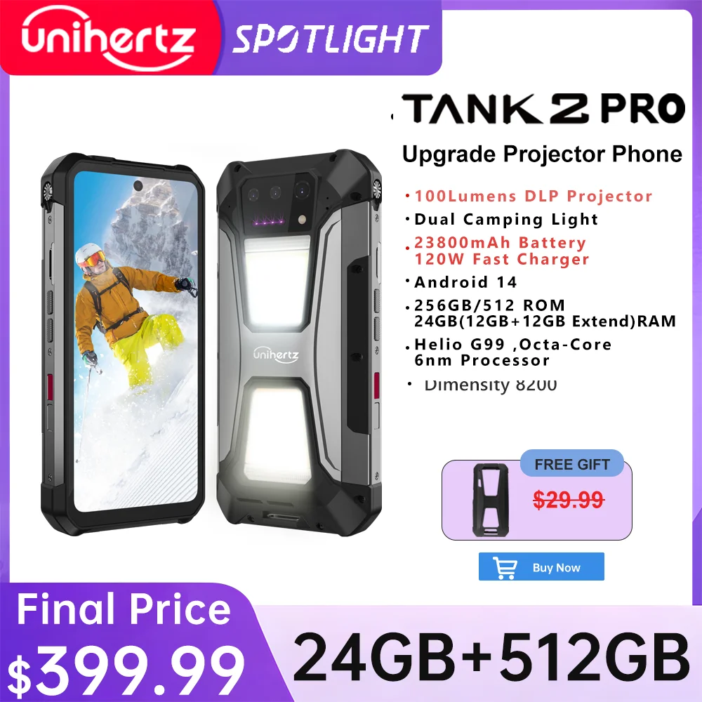 Unihertz tank 2 Pro 8849 rugged with projector 2.4K 23800 mAh 24GB + 512GB Android 14 100MP NFC 120W Helio G99 Octa Core Dual SIM