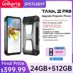 Unihertz Tank 2 Pro 8849 robust mit Projektor 2,4K 23800 mAh 24 GB + 512 GB Android 14 100 MP NFC 120 W Helio G99 Octa Core Dual SIM