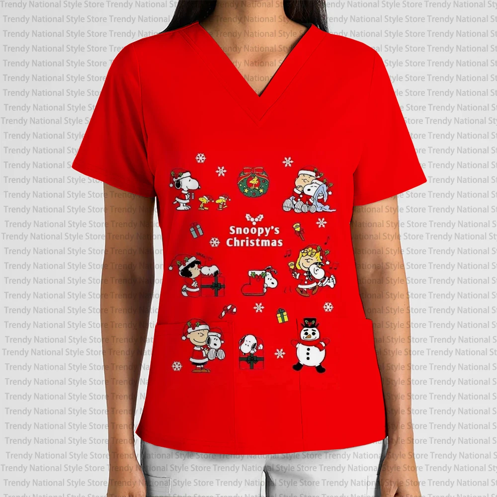 2025 جديد المرأة عيد الميلاد سلسلة الكرتون أنيمي قصيرة الأكمام العمل موحدة الخامس الرقبة طباعة فرك هدية عيد ميلاد تي شيرت #2