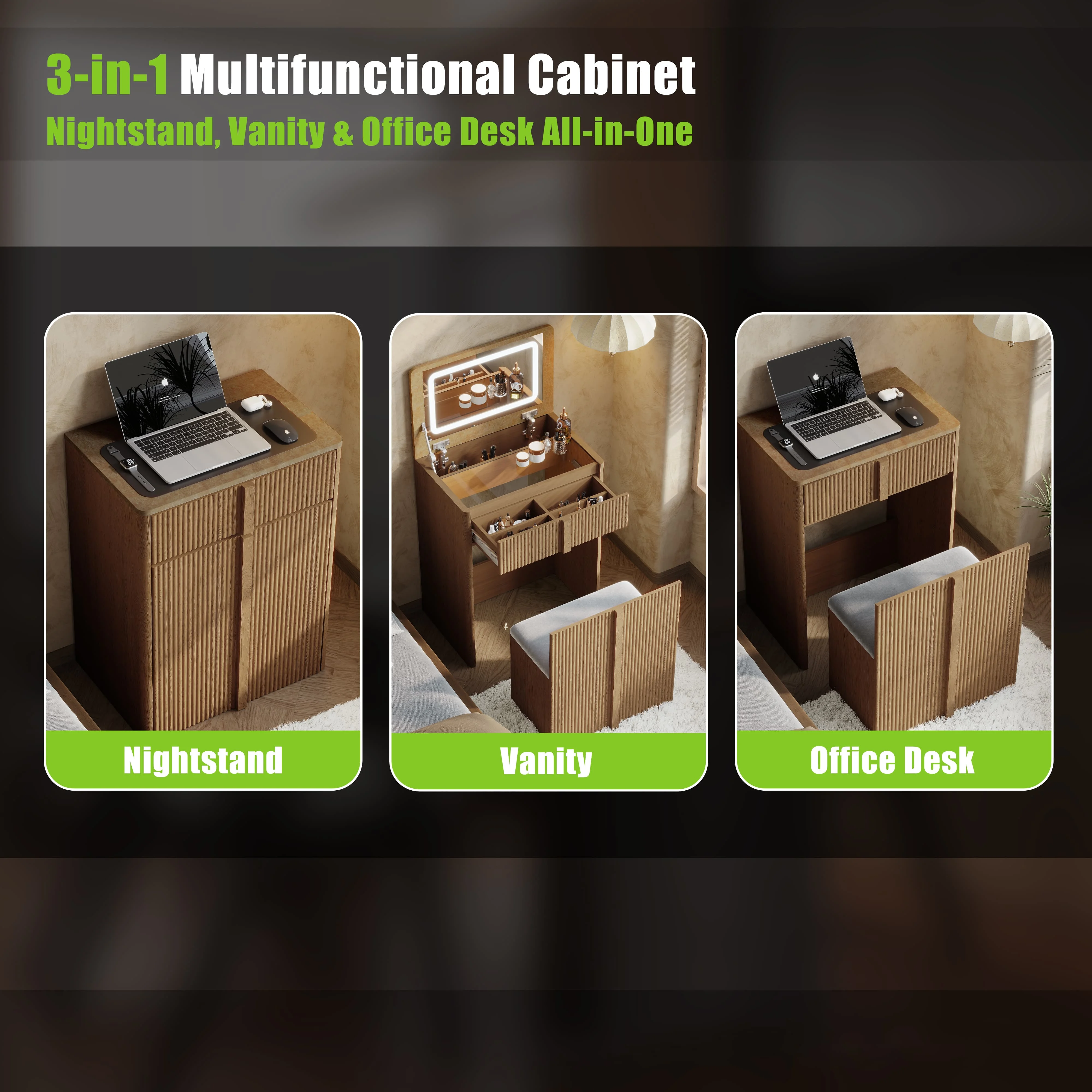 GEGOFORU 3-in-1 Vanity Desk with Flip-Top LED Mirror, 24" Makeup Table with 2 Drawers & Reinforced Legs, Whitewashed Oak image 6