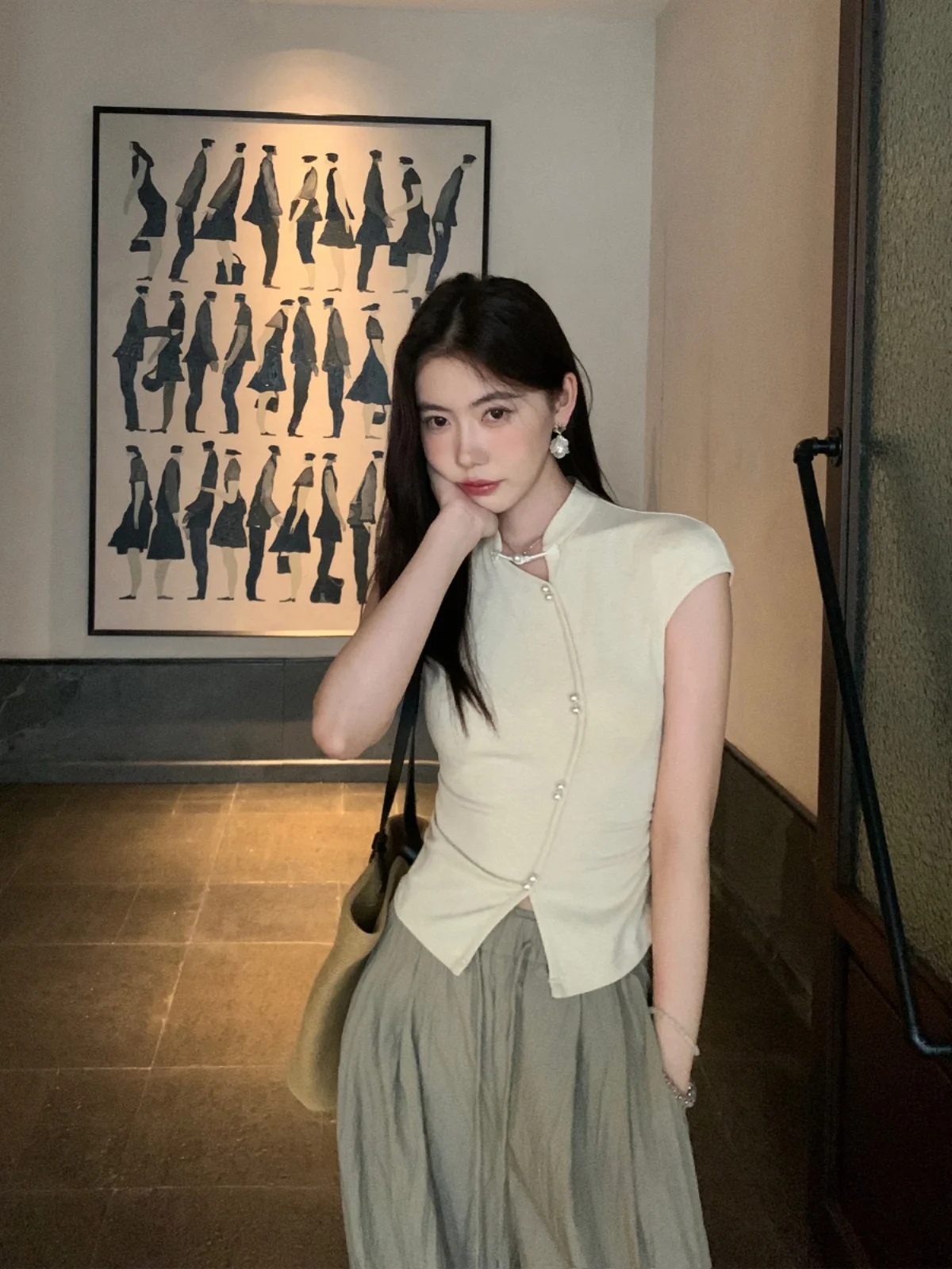 

Pusumede Chinese Sle Knitted ort Sve T-irt Women's Summer Design Button up Slim Fit Top Cotton Polyester Blend