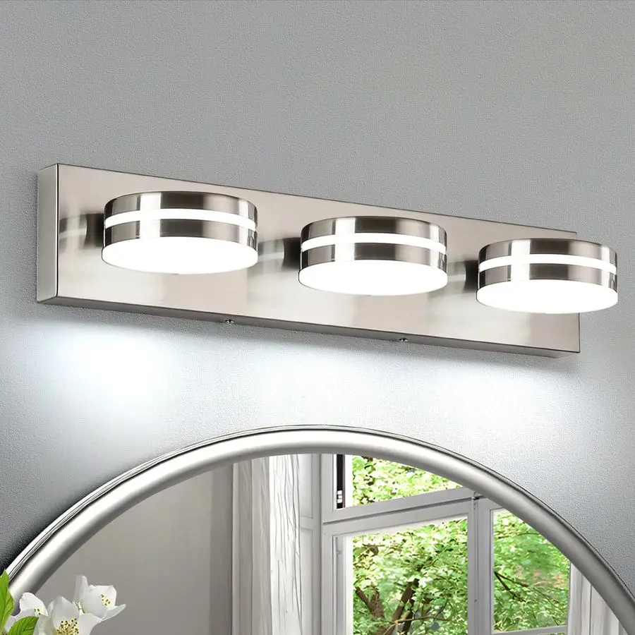 

Nickel Bathroom Vanity Light, 24in Dimmable 3Light Bathroom Light Fixtures Over Mirror, LED 5500K Vanity Lights with 360Rotating