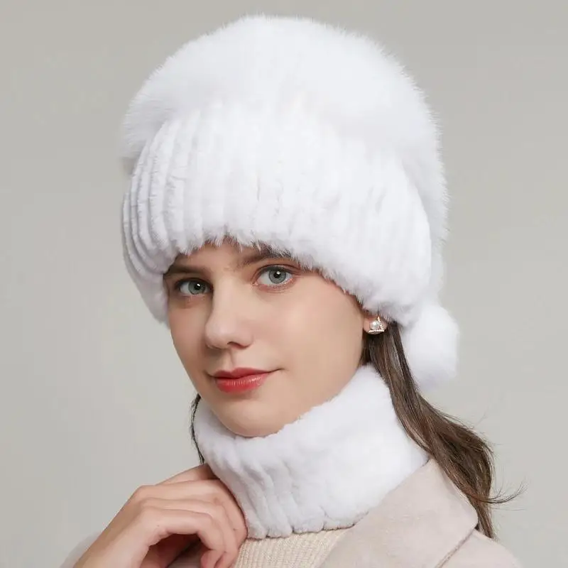 Winter Women's Rabbit Fur Hat Natural Fluffy Fox Cap Fashion Warm Knitted Authentic Russian Hot-Selling Style Female Cap 20HY-12