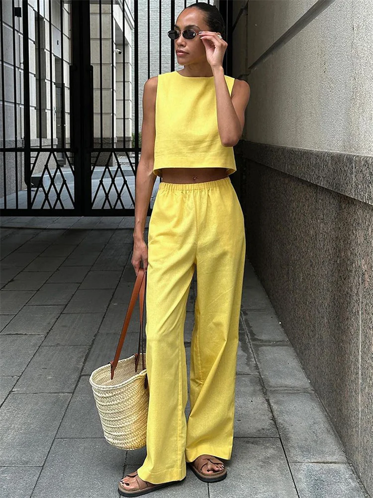 

Tossy Summer Fashion 2 Piece-Set Women's Pants Sleeveless Cropped Vest Top And Wide Leg Trousers Sets Female Outfits Trousers