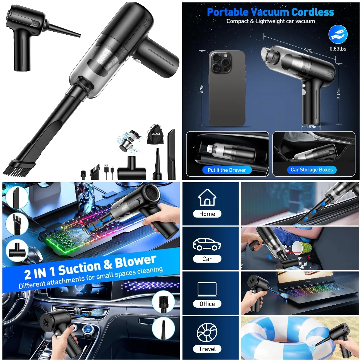 

Handheld Car Vacuum Cleaner 9000Pa, 2-in-1 Cordless Mini Vacuum with LED Light, 120W High Power for Car Home Office Pet (Black)