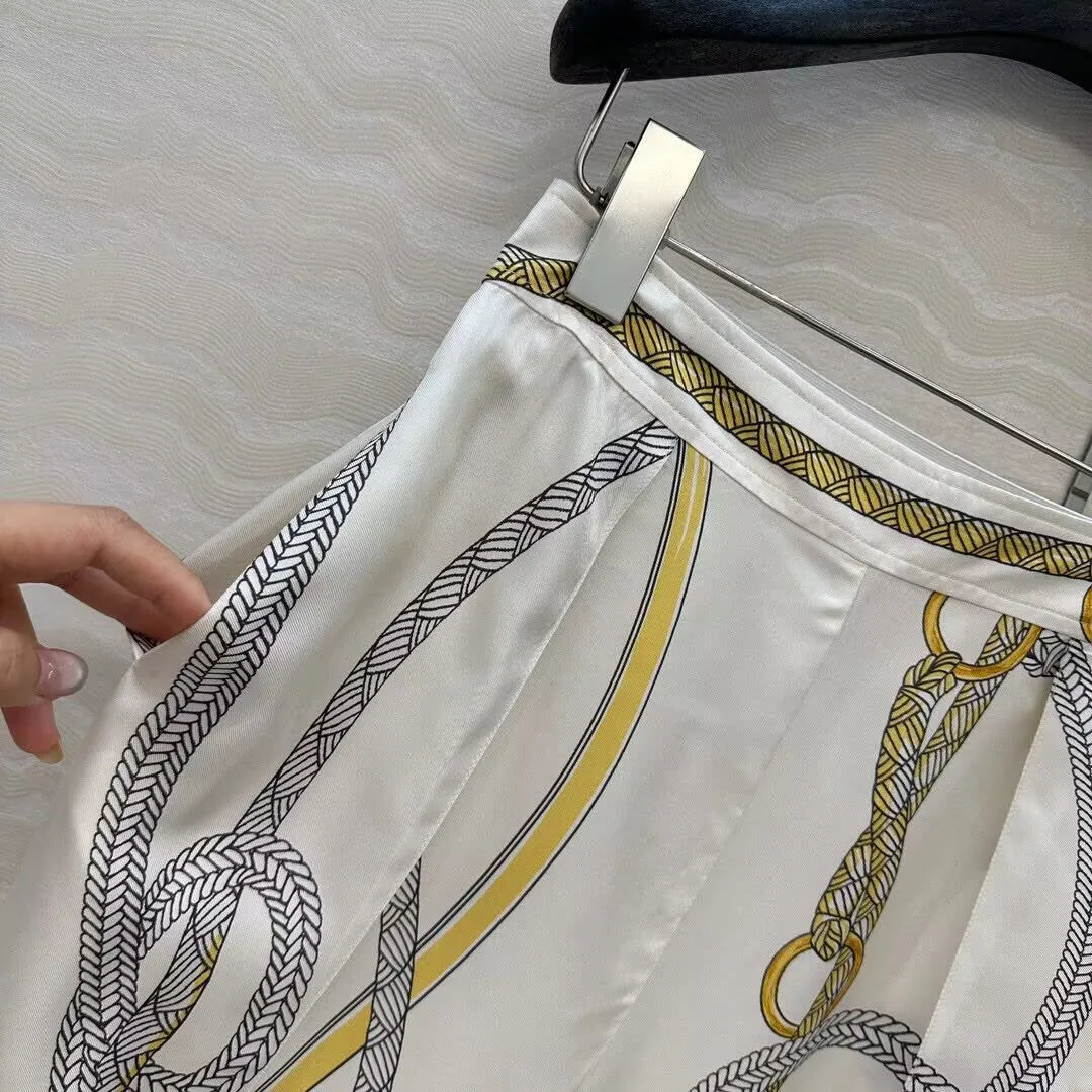 2025 New Fashion Summer 100% Silk Wide Leg Pants Women Zipper Elastic High Waist Print Chain Tassel Pattern Retro Trousers