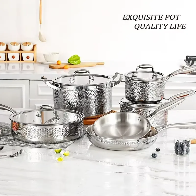 Custom Home Kitchen Cooking Pots and Frying Pans Gold Handle Hammer Non-Stick 304 Stainless Steel Cookware Set