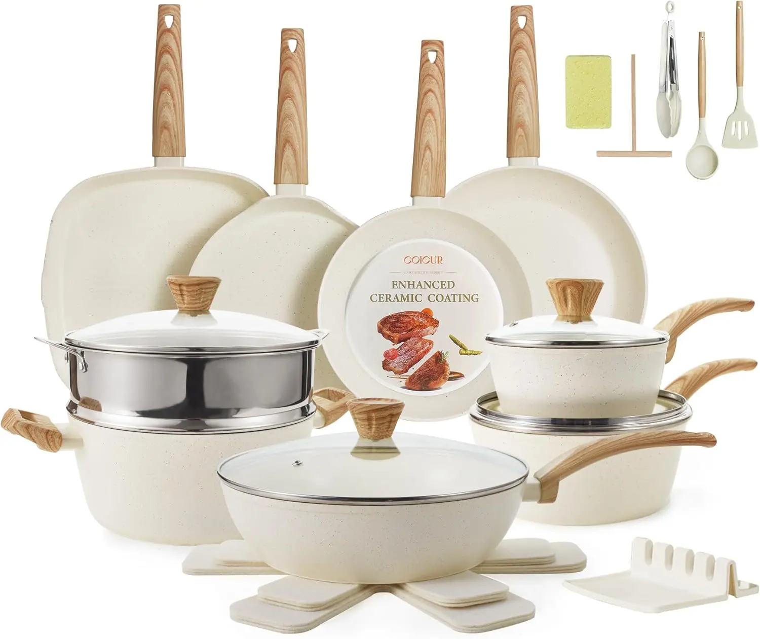 

26Pcs Pots and Pans Nonstick Ceramic Cookware Set Nontoxic Kitchen Cooking Set with Steamers Utensils Induction Compatib