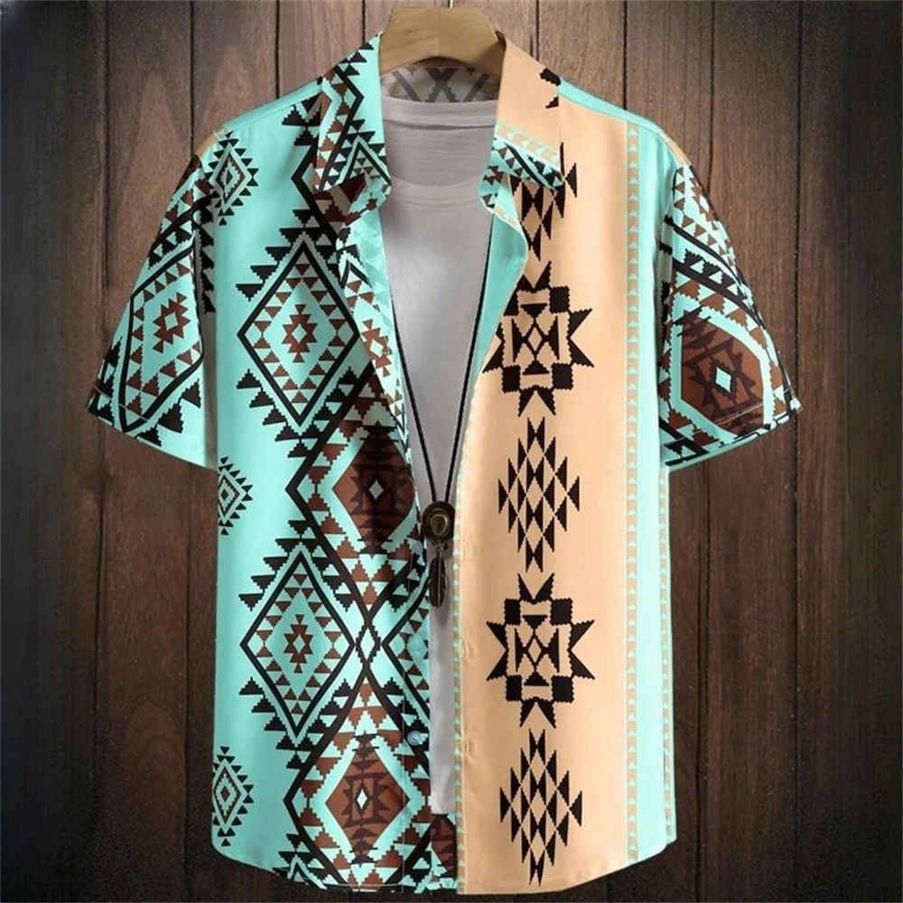 Vintage Hawaiian Shirts For Men Ethnic Pattern Printed Short Sleeve Tops Fashion Casual Men Clothing Loose Oversized Men\'s Shirt