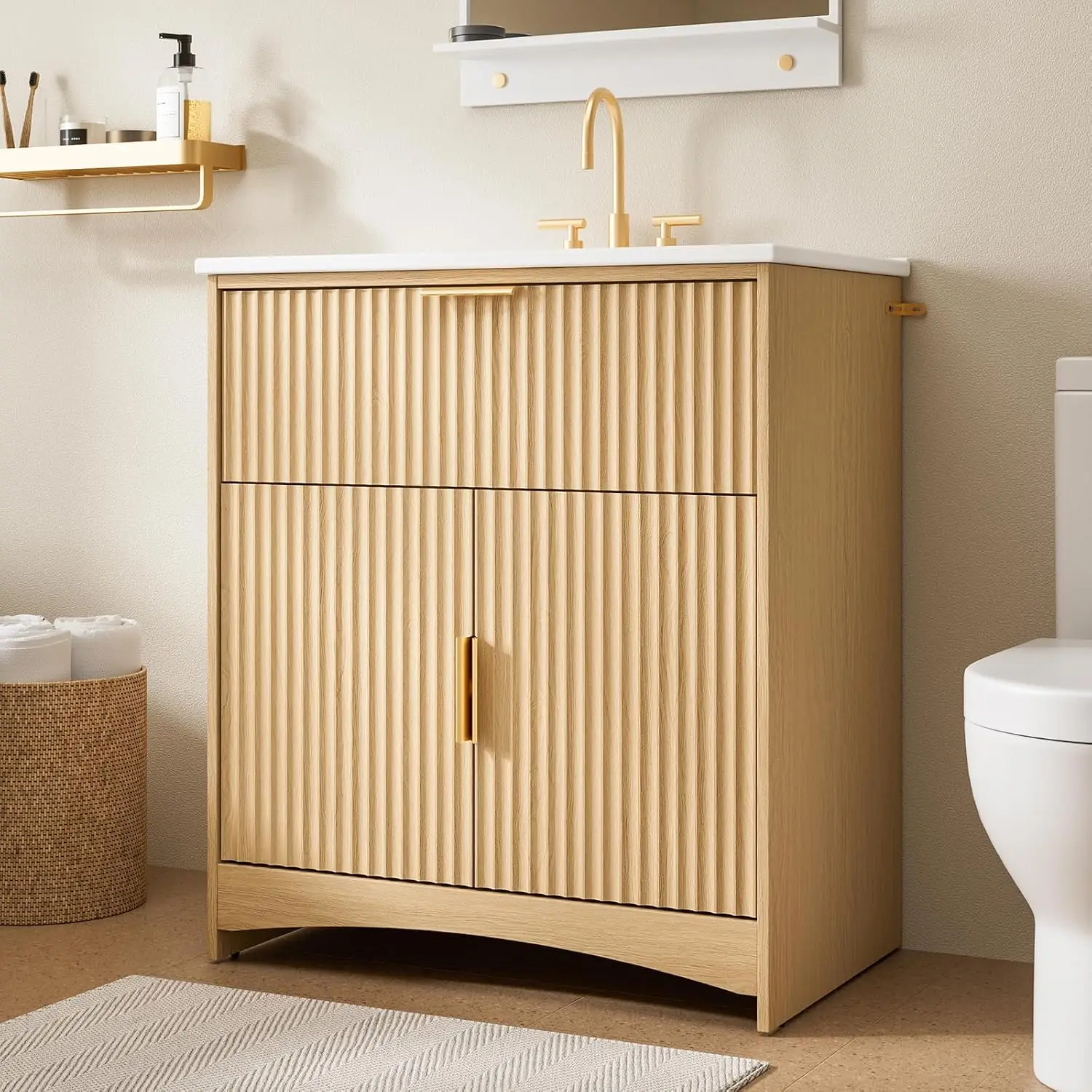 Bathroom Vanity With Ceramic Sink, Restroom Basin Cabinet Storage Organizer Stand, Washroom Wooden Washing Station Furniture For Powder Room, Single Sink Vanity Set, Natural Oak