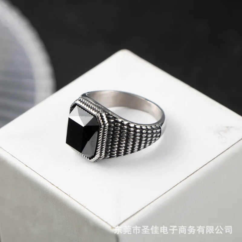خاتم الزركون من الفولاذ المقاوم للصدأ للرجال، مجموعة الحجر خاتم مجوهرات من الصلب والتيتانيوم عتيق من الياقوت SA1152