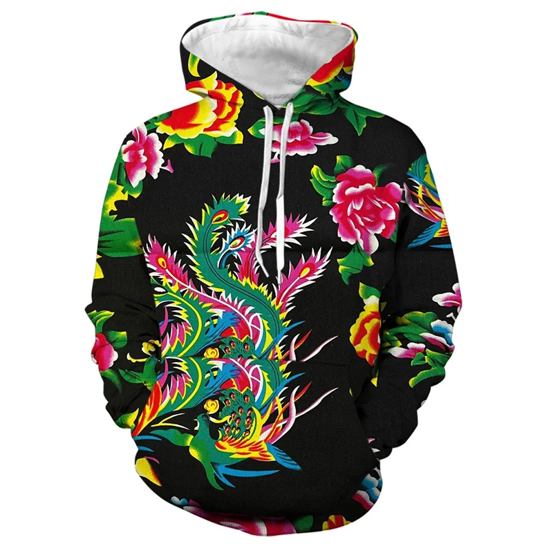 Men's 3d Print Floral Hooded Sweatshirt Chinese DongBei Style Flowers Graphic Hoodie Long Sleeves Pullovers Tops Women Clothes