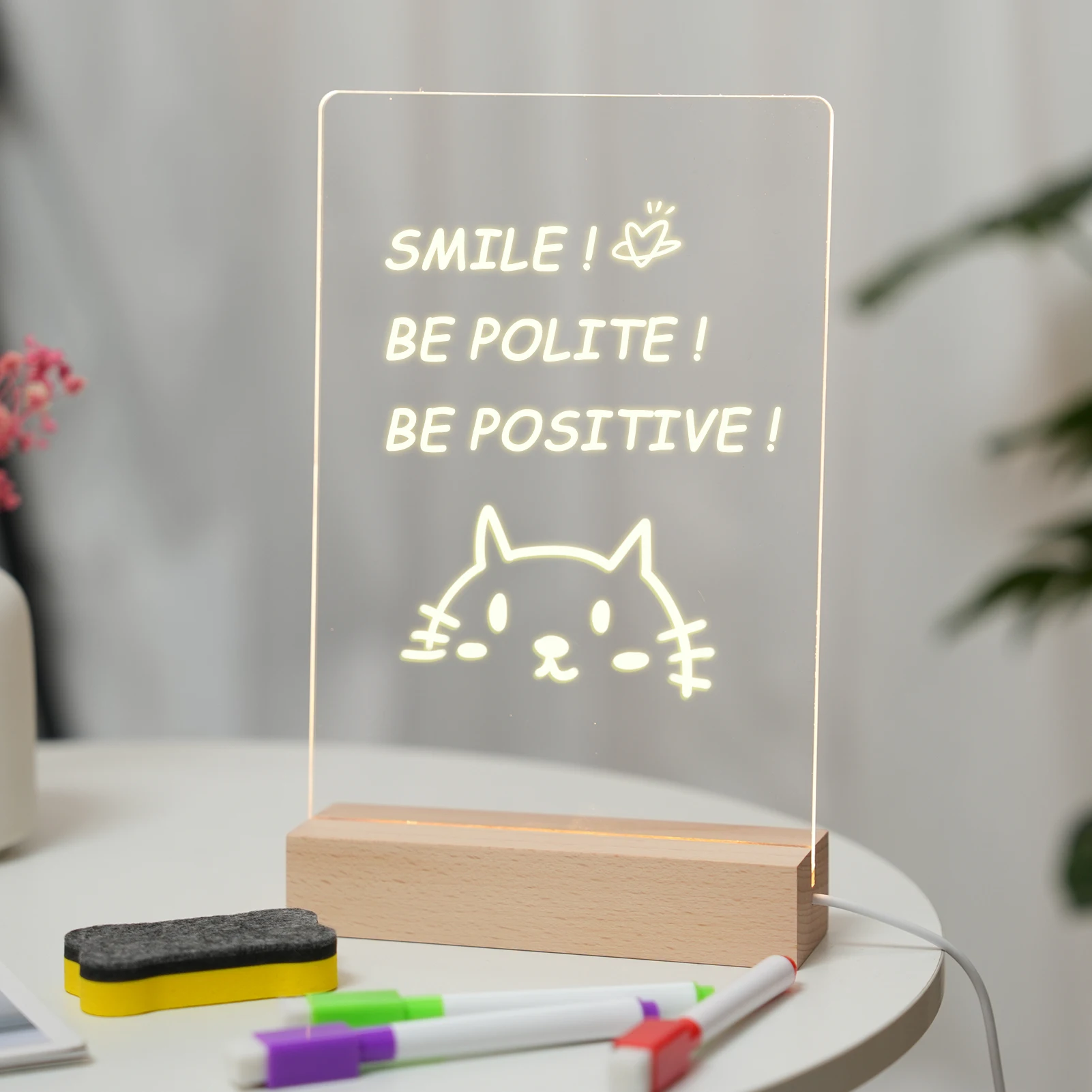 LED Note Board with Wooden Base Transparent Acrylic Plate Writing Message Letter Memo with Light Includes 6 Magnetic Markers