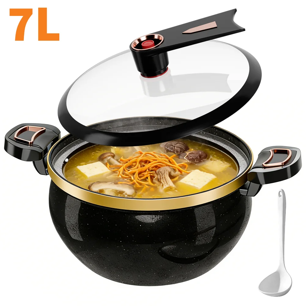 7L Suppentopf mit Löffel, multifunktionaler Antihaft-Topf, geeignet für Induktionsherd und Gasherd, Mikrodruckkochtopf