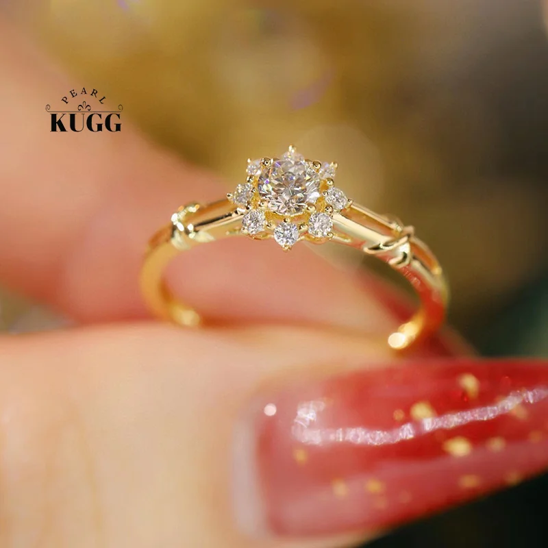 KUGG 100% 18K White or Yellow Gold Rings Romantic Sunflower Design Real Natural Diamond Engagement Ring for Women Wedding Party