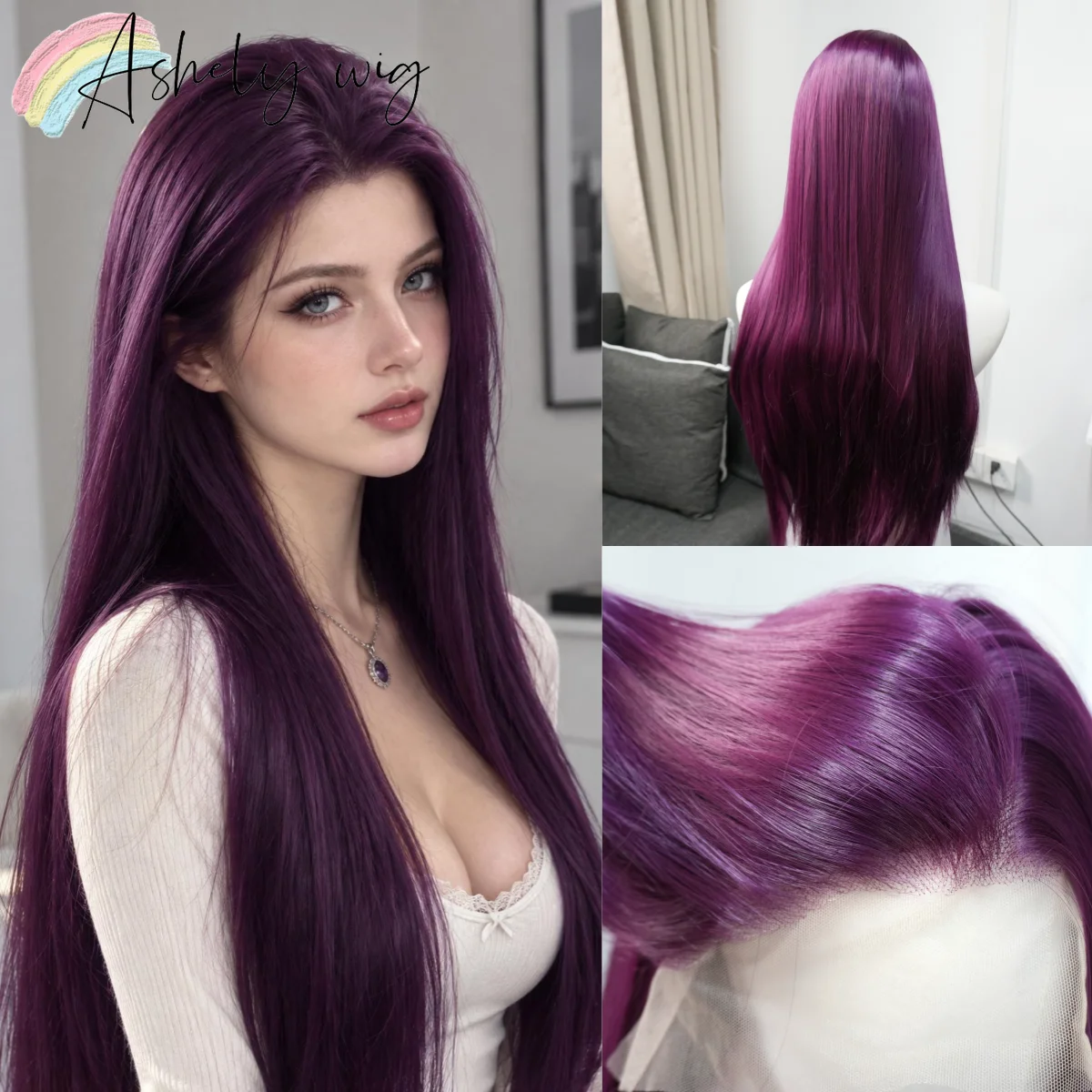 Plum Purple Wig for Women 26inch 13x4 Lace Front Wig Long Straight Wig for Cosplay Glueless Heat-resistant Synthetic Lace Wigs