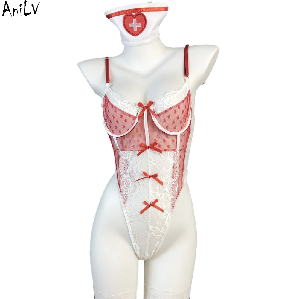 AniLV Sweet Nurse Uniform Lingerie Outfits Cosplay Women Lace Bodysuit Erotic Pajamas Costumes