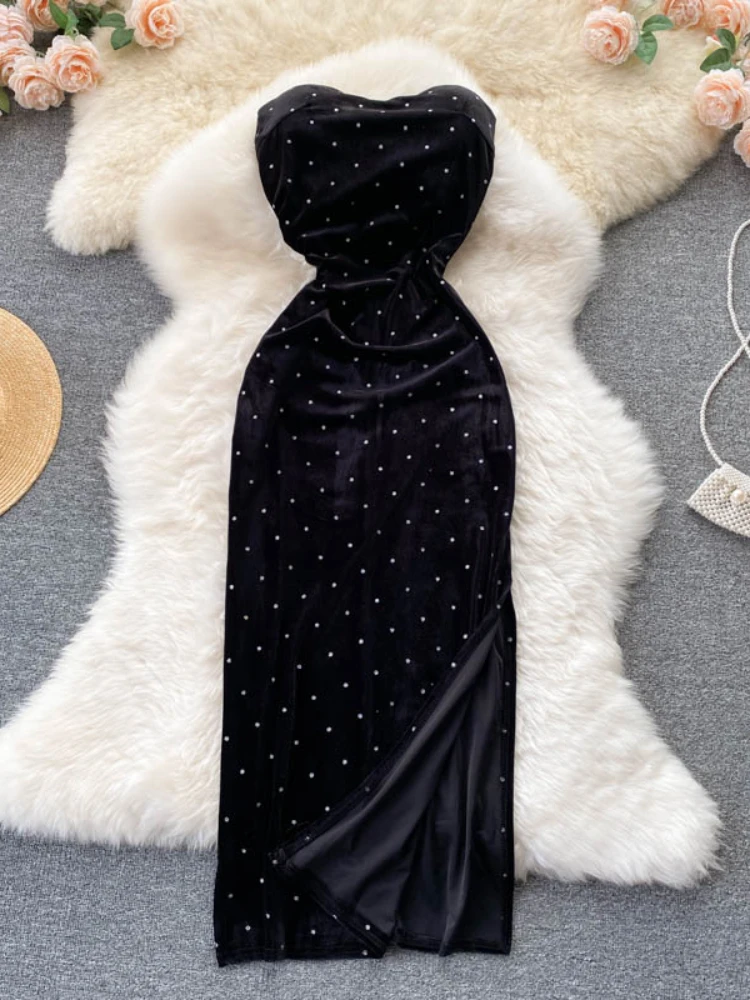 

Vintage Polka Dot Dress Women Sexy Off The Shoulder Slit Velvet Dresses Ladies Elegant Club Party Robe Vestidos