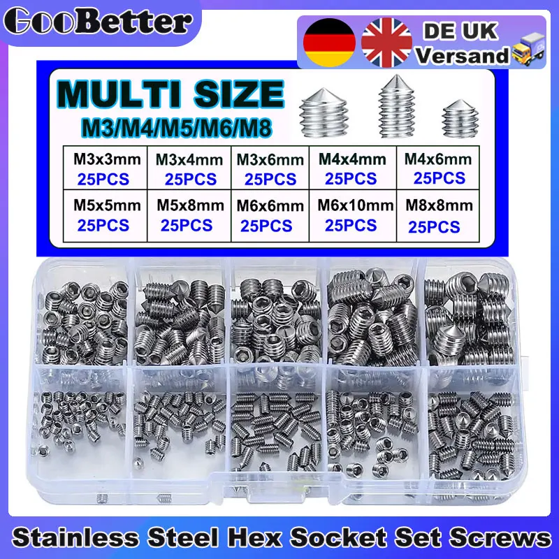 250Pcs Hex Socket Set Screws M3 M4 M5 M6 M8 Stainless Steel Allen Grub Screw Cone Point Hexagon Thread Bolts Kit Vis Tornillos